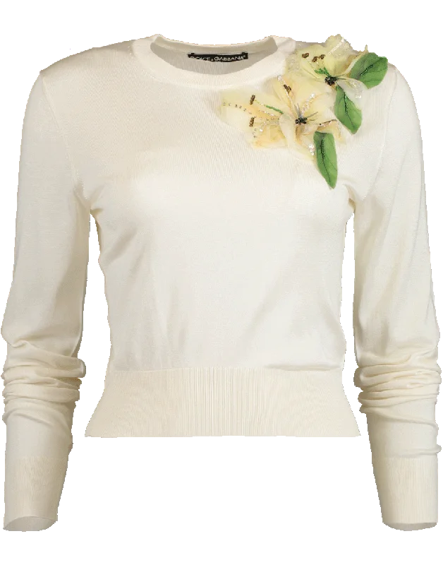 Crewneck Pullover with Flower Embellishment