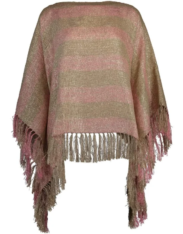 Beige and Pink Striped Fringe Poncho