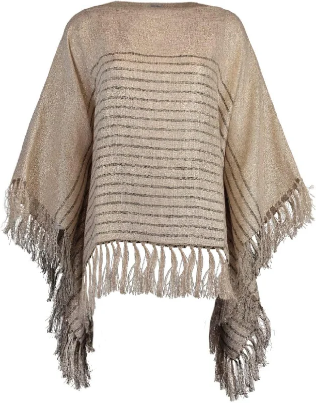 Beige and Grey Striped Fringe Poncho