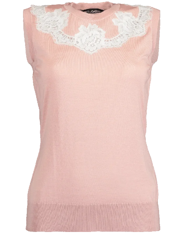 Sleeveless Cashmere and Silk Knit with Lace Detail