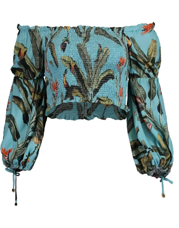 Tropical Print Shirred Crop Top