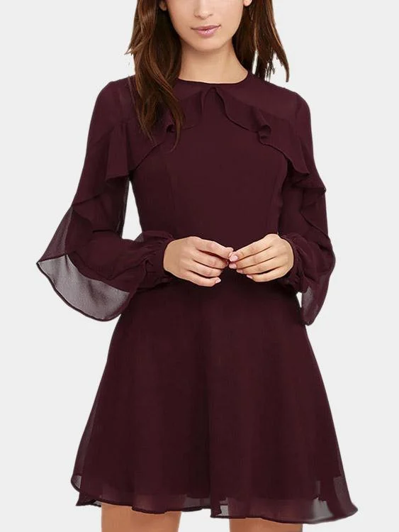 Wholesale Burgundy Round Neck Long Sleeve Plain Mini Dresses