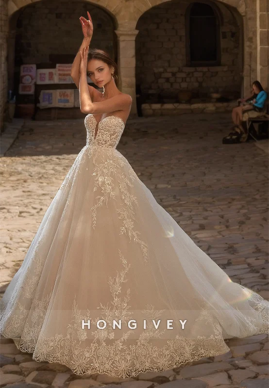 HONGIVEY New Lace Wedding Dresses with Train Sweetheart A-Line Organza Bridal Dress