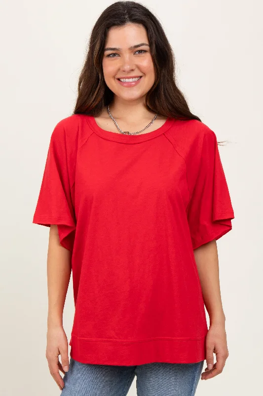 Red Oversized Raw Hem Short Sleeve Tee