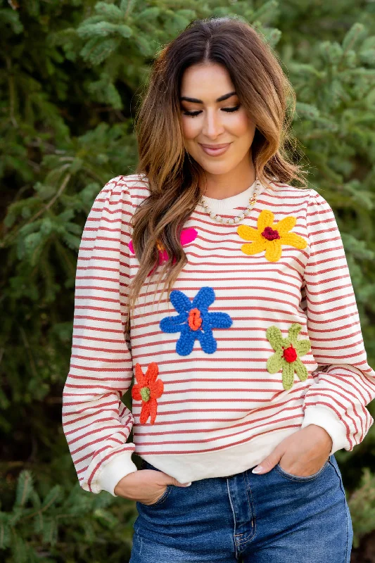 Crocheted Floral Striped Sweatshirt