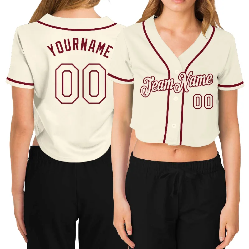 Custom Women's Cream Cream-Crimson V-Neck Cropped Baseball Jersey