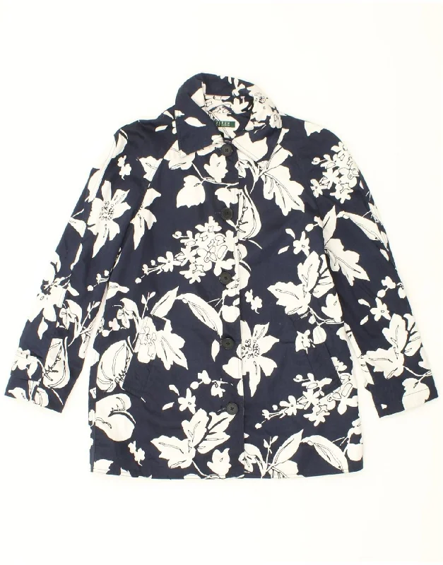 RALPH LAUREN Womens Oversized Overcoat UK 10 Small Navy Blue Floral Cotton