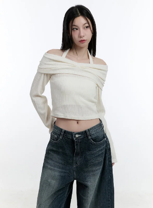 Long-Sleeve Off-Shoulder Halter Crop Top CJ520