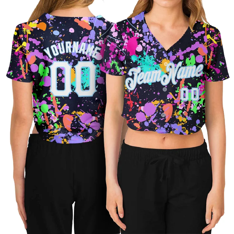 Custom Women's Graffiti Pattern White-Light Blue Splashes 3D V-Neck Cropped Baseball Jersey