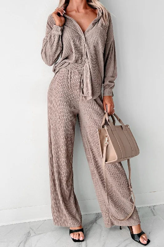 All In Good Time Plisse Button Down Loungewear Set (Taupe)