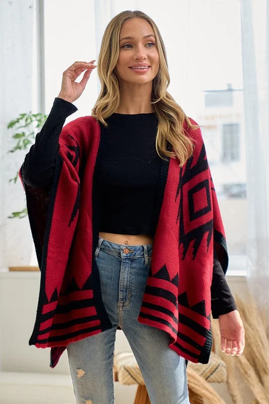 Shawl Wrap Poncho Ruana Aztec Pattern - Red Black