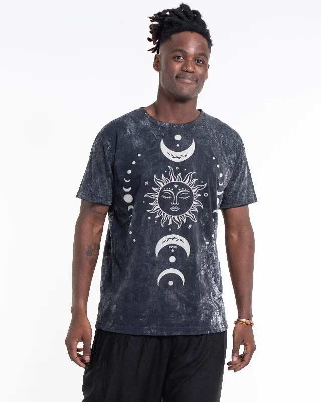 Unisex Sun Moon Stone Washed Cotton T-Shirt in Black