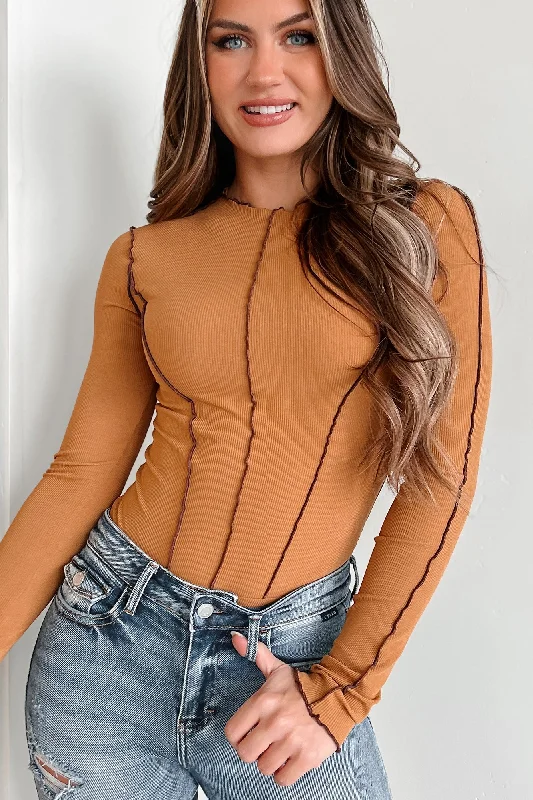 No Drama Here Mock Neck Bodysuit (Camel)