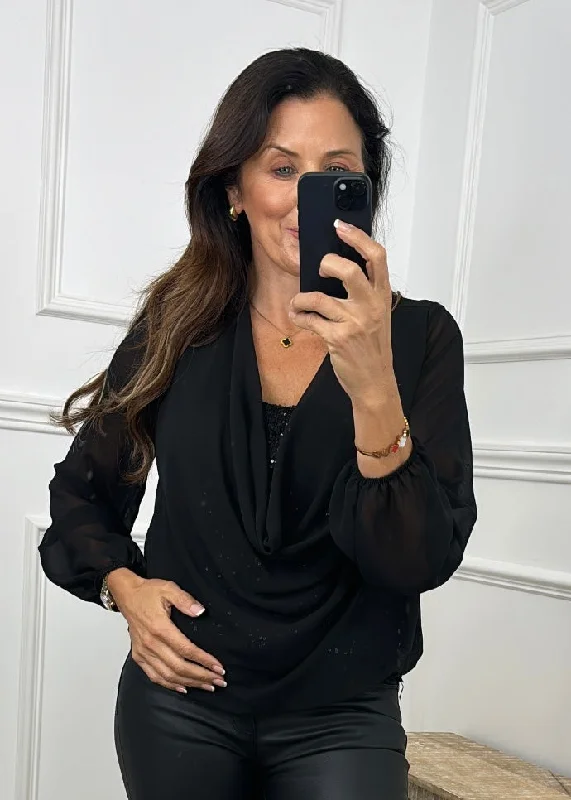 Diana Black Draped Collar Sequin Blouse