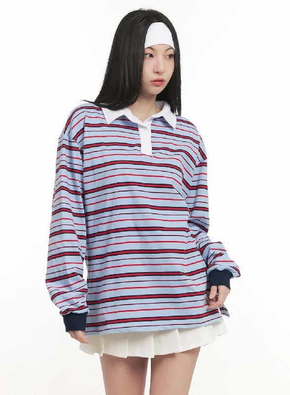 Oversized Striped Long Sleeve Polo Shirt CF514