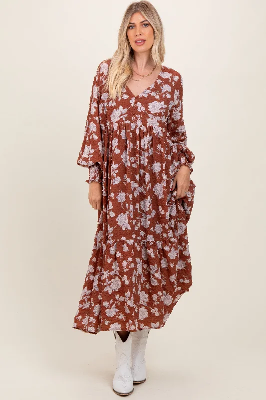 Rust Floral Textured Bubble Sleeve Maxi Dress