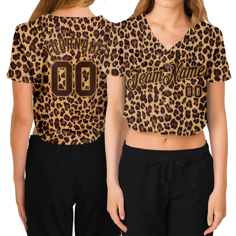 Custom Women's Brown Brown-Old Gold Leopard 3D V-Neck Cropped Baseball Jersey