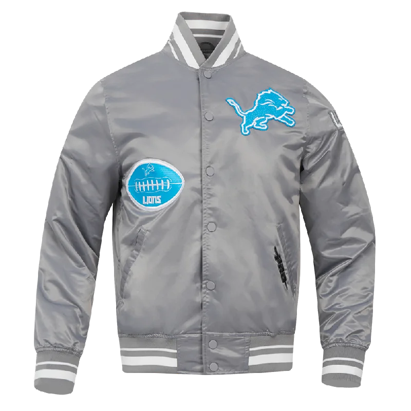 NFL DETROIT LIONS OLD ENGLISH MEN'S RIB SATIN JACKET (GRAY)