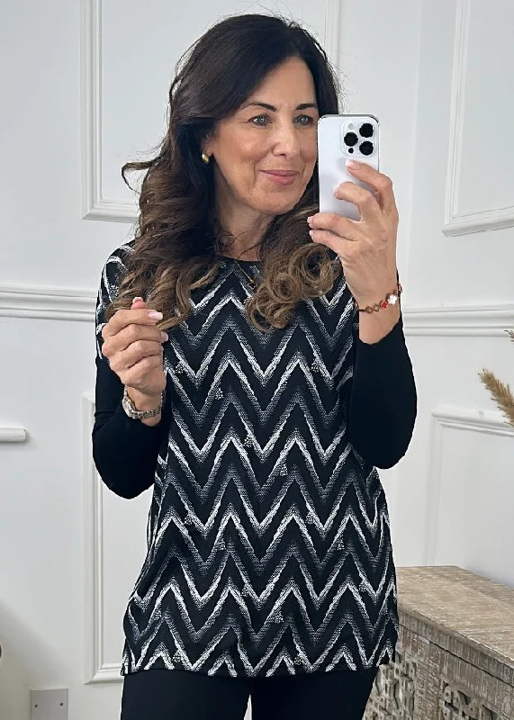 Leah Black Chevron Print Top