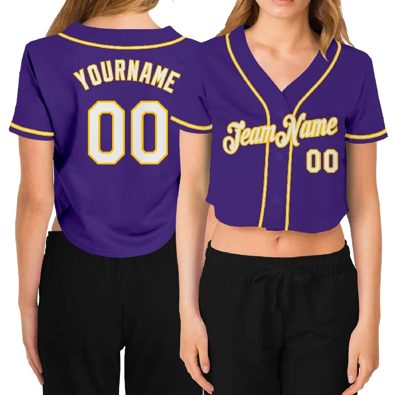 Custom Women's Purple White-Gold V-Neck Cropped Baseball Jersey