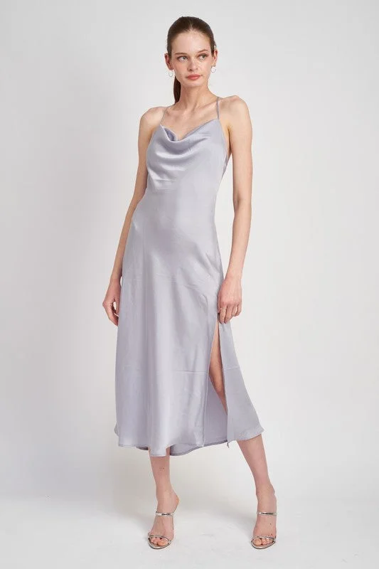 COWL NECK SLIP MIDI DRESS