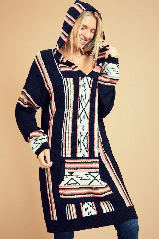 L Love Long Tunic Hoodie Sweater Dress - Black