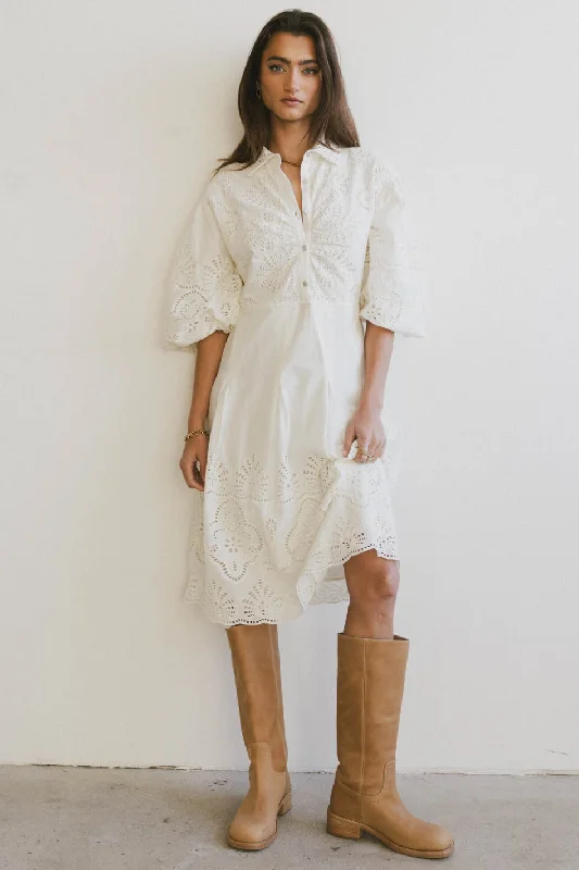 Eleanor Eyelet Lace Midi Dress in Cream